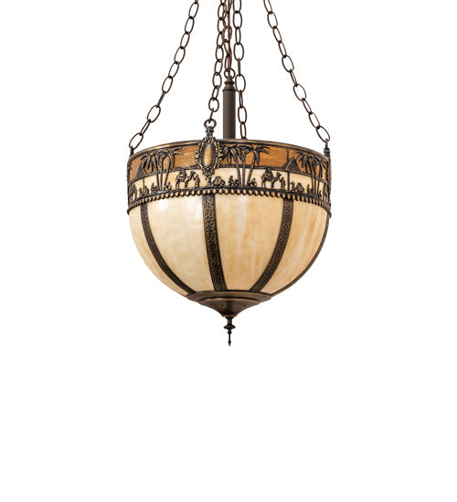 Meyda Lighting Camel 16" 4-Light Oil Rubbed Bronze Basket Inverted Pendant Light With Beige Flemish & Honey Amber Shade Glass