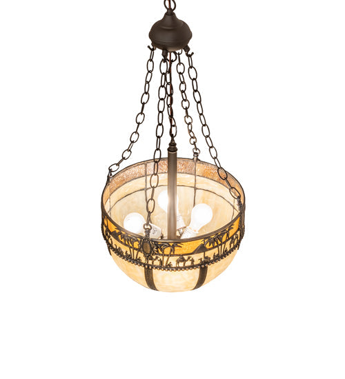 Meyda Lighting Camel 16" 4-Light Oil Rubbed Bronze Basket Inverted Pendant Light With Beige Flemish & Honey Amber Shade Glass