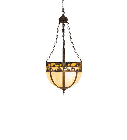 Meyda Lighting Camel 16" 4-Light Oil Rubbed Bronze Basket Inverted Pendant Light With Beige Flemish & Honey Amber Shade Glass