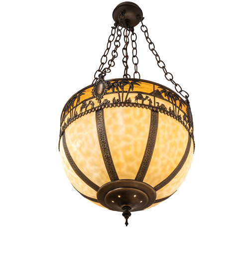 Meyda Lighting Camel 16" 4-Light Oil Rubbed Bronze Basket Inverted Pendant Light With Beige Flemish & Honey Amber Shade Glass