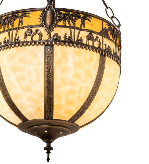 Meyda Lighting Camel 16" 4-Light Oil Rubbed Bronze Basket Inverted Pendant Light With Beige Flemish & Honey Amber Shade Glass
