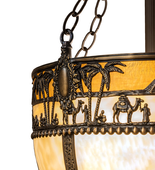 Meyda Lighting Camel 16" 4-Light Oil Rubbed Bronze Basket Inverted Pendant Light With Beige Flemish & Honey Amber Shade Glass