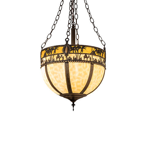 Meyda Lighting Camel 16" 4-Light Oil Rubbed Bronze Basket Inverted Pendant Light With Beige Flemish & Honey Amber Shade Glass