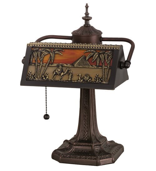 Meyda Lighting Camel 16" Craftsman Brown Mission Banker's Table Lamp With Orange & Beige Shade Glass