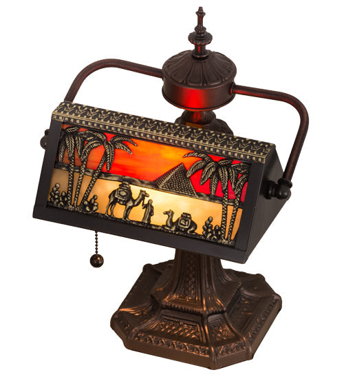 Meyda Lighting Camel 16" Craftsman Brown Mission Banker's Table Lamp With Orange & Beige Shade Glass