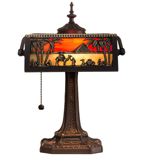 Meyda Lighting Camel 16" Craftsman Brown Mission Banker's Table Lamp With Orange & Beige Shade Glass