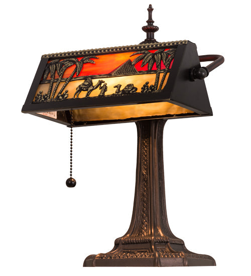 Meyda Lighting Camel 16" Craftsman Brown Mission Banker's Table Lamp With Orange & Beige Shade Glass