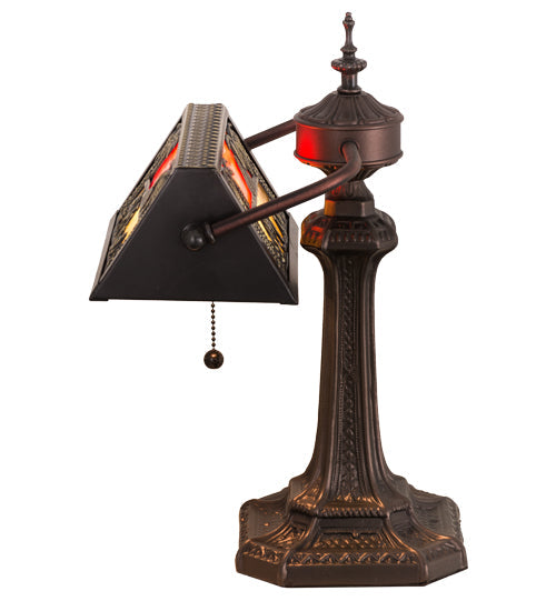 Meyda Lighting Camel 16" Craftsman Brown Mission Banker's Table Lamp With Orange & Beige Shade Glass
