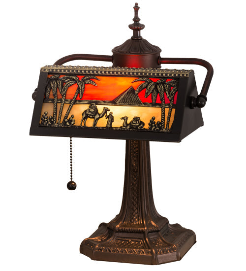 Meyda Lighting Camel 16" Craftsman Brown Mission Banker's Table Lamp With Orange & Beige Shade Glass