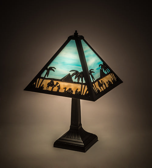 Meyda Lighting Camel 16" Craftsman Brown Mission Table Lamp With Blue & Beige Shade Glass