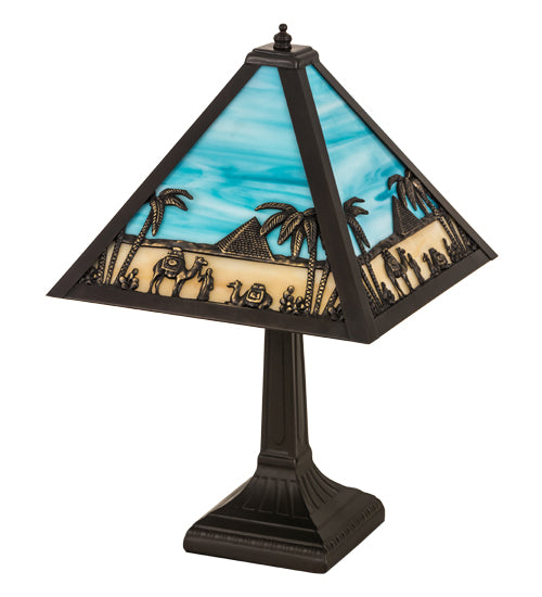 Meyda Lighting Camel 16" Craftsman Brown Mission Table Lamp With Blue & Beige Shade Glass