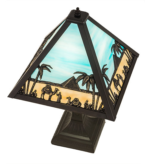 Meyda Lighting Camel 16" Craftsman Brown Mission Table Lamp With Blue & Beige Shade Glass