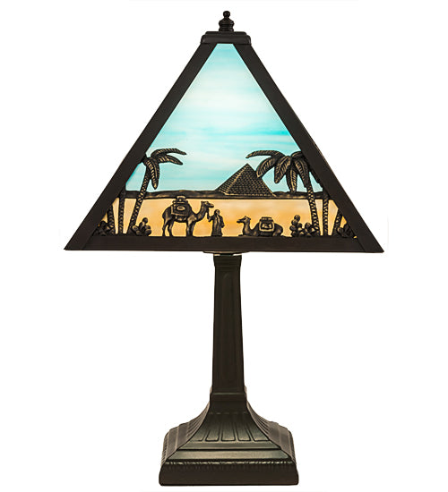 Meyda Lighting Camel 16" Craftsman Brown Mission Table Lamp With Blue & Beige Shade Glass