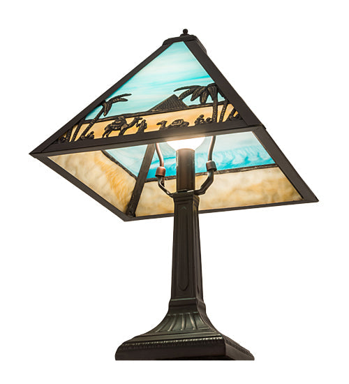 Meyda Lighting Camel 16" Craftsman Brown Mission Table Lamp With Blue & Beige Shade Glass