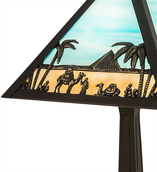 Meyda Lighting Camel 16" Craftsman Brown Mission Table Lamp With Blue & Beige Shade Glass