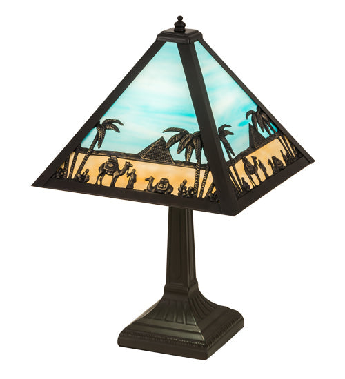 Meyda Lighting Camel 16" Craftsman Brown Mission Table Lamp With Blue & Beige Shade Glass