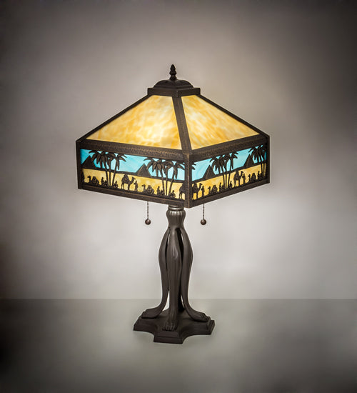 Meyda Lighting Camel 26" 2-Light Craftsman Brown Highlighted Mission Table Lamp With Beige & Sky Blue Art Shade Glass