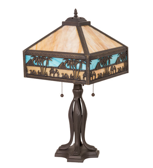 Meyda Lighting Camel 26" 2-Light Craftsman Brown Highlighted Mission Table Lamp With Beige & Sky Blue Art Shade Glass