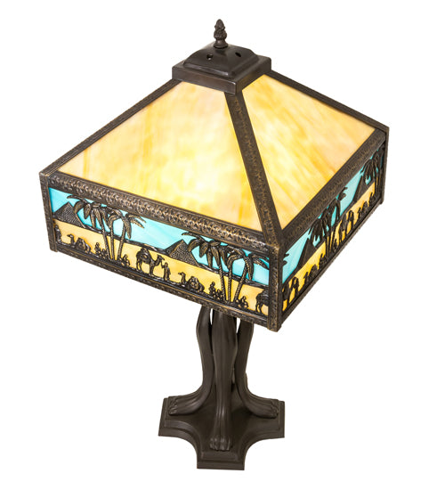 Meyda Lighting Camel 26" 2-Light Craftsman Brown Highlighted Mission Table Lamp With Beige & Sky Blue Art Shade Glass