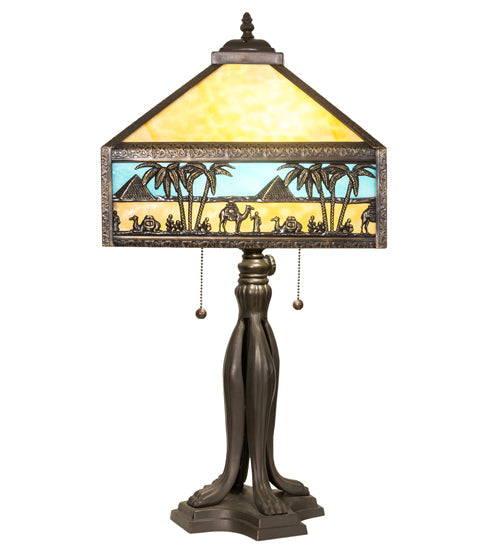 Meyda Lighting Camel 26" 2-Light Craftsman Brown Highlighted Mission Table Lamp With Beige & Sky Blue Art Shade Glass