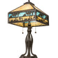 Meyda Lighting Camel 26" 2-Light Craftsman Brown Highlighted Mission Table Lamp With Beige & Sky Blue Art Shade Glass