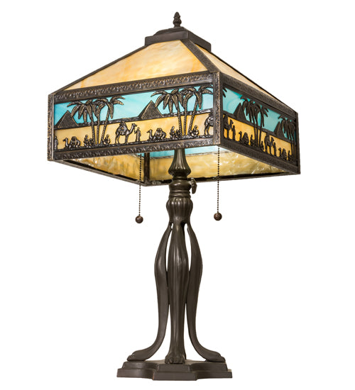 Meyda Lighting Camel 26" 2-Light Craftsman Brown Highlighted Mission Table Lamp With Beige & Sky Blue Art Shade Glass