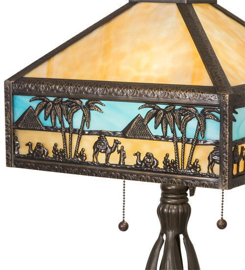 Meyda Lighting Camel 26" 2-Light Craftsman Brown Highlighted Mission Table Lamp With Beige & Sky Blue Art Shade Glass