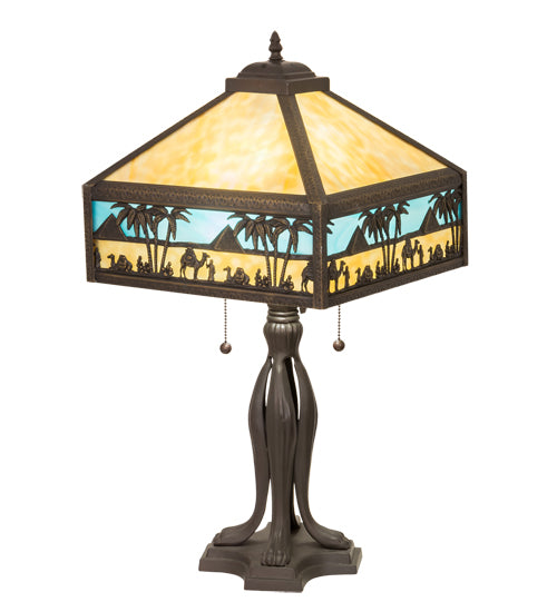 Meyda Lighting Camel 26" 2-Light Craftsman Brown Highlighted Mission Table Lamp With Beige & Sky Blue Art Shade Glass
