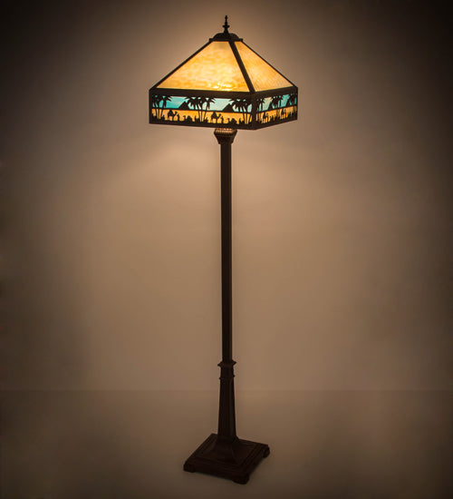 Meyda Lighting Camel 68" 2-Light Craftsman Brown Highlighted Mission Floor Lamp With Blue & Beige Shade Glass