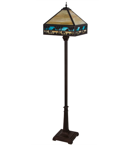Meyda Lighting Camel 68" 2-Light Craftsman Brown Highlighted Mission Floor Lamp With Blue & Beige Shade Glass