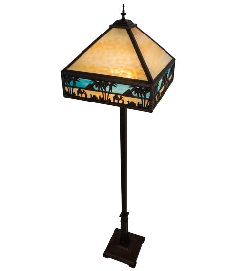 Meyda Lighting Camel 68" 2-Light Craftsman Brown Highlighted Mission Floor Lamp With Blue & Beige Shade Glass