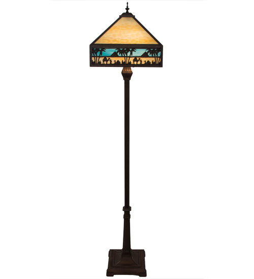 Meyda Lighting Camel 68" 2-Light Craftsman Brown Highlighted Mission Floor Lamp With Blue & Beige Shade Glass