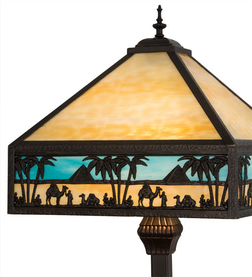 Meyda Lighting Camel 68" 2-Light Craftsman Brown Highlighted Mission Floor Lamp With Blue & Beige Shade Glass