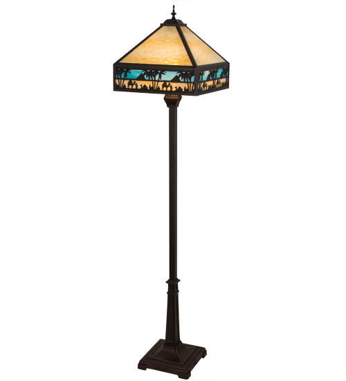 Meyda Lighting Camel 68" 2-Light Craftsman Brown Highlighted Mission Floor Lamp With Blue & Beige Shade Glass