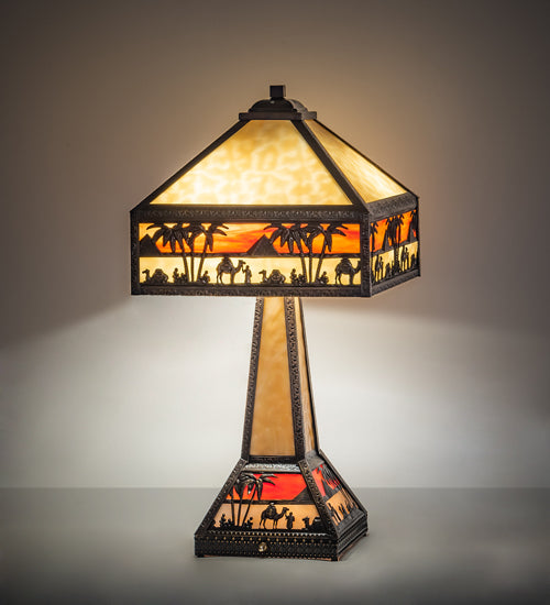 Meyda Lighting Camel Mission 26" 3-Light Craftsman Brown Highlighted Table Lamp With Beige & Orange Art Shade Glass