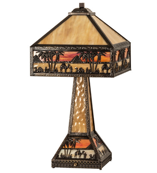Meyda Lighting Camel Mission 26" 3-Light Craftsman Brown Highlighted Table Lamp With Beige & Orange Art Shade Glass