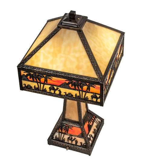 Meyda Lighting Camel Mission 26" 3-Light Craftsman Brown Highlighted Table Lamp With Beige & Orange Art Shade Glass