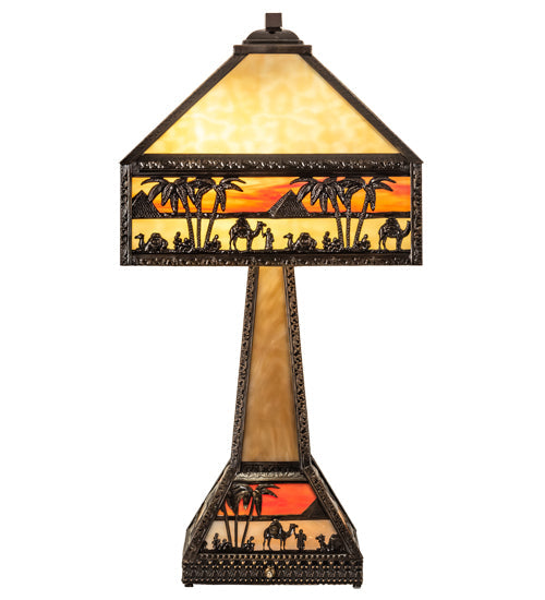 Meyda Lighting Camel Mission 26" 3-Light Craftsman Brown Highlighted Table Lamp With Beige & Orange Art Shade Glass