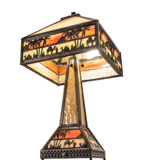 Meyda Lighting Camel Mission 26" 3-Light Craftsman Brown Highlighted Table Lamp With Beige & Orange Art Shade Glass