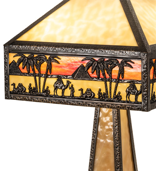 Meyda Lighting Camel Mission 26" 3-Light Craftsman Brown Highlighted Table Lamp With Beige & Orange Art Shade Glass