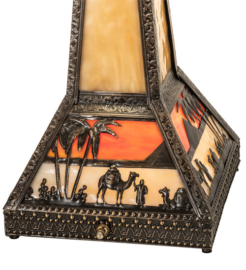 Meyda Lighting Camel Mission 26" 3-Light Craftsman Brown Highlighted Table Lamp With Beige & Orange Art Shade Glass