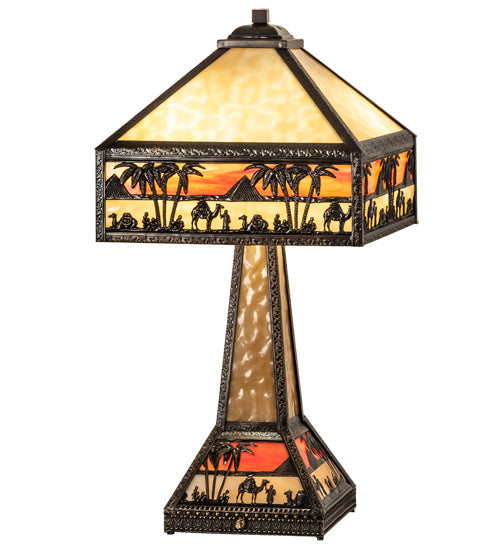 Meyda Lighting Camel Mission 26" 3-Light Craftsman Brown Highlighted Table Lamp With Beige & Orange Art Shade Glass