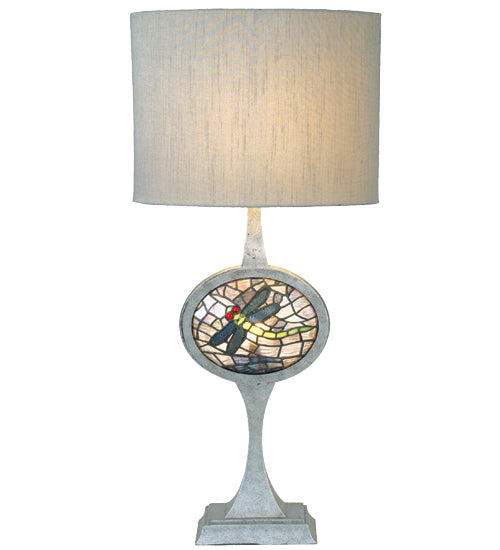 Meyda Lighting Cameo Dragonfly 32" 2-Light Nickel Table Lamp With Silver Fabric and Dragonfly Shade Glass