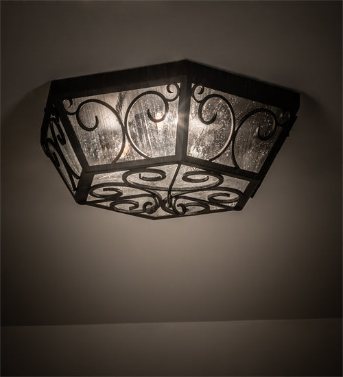 Meyda Lighting Camilla 24" 3-Light Antique Iron Gate Flush Mount Light With Clear Seeded Shade Glass