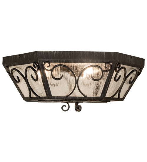 Meyda Lighting Camilla 24" 3-Light Antique Iron Gate Flush Mount Light With Clear Seeded Shade Glass