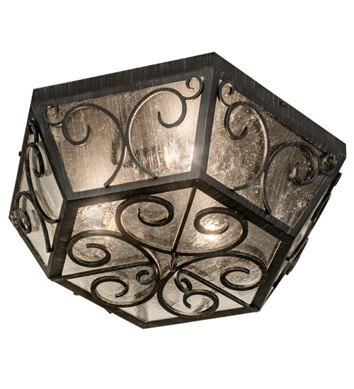 Meyda Lighting Camilla 24" 3-Light Antique Iron Gate Flush Mount Light With Clear Seeded Shade Glass