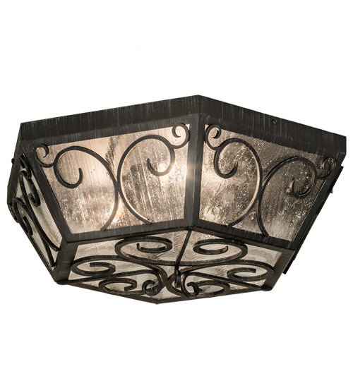 Meyda Lighting Camilla 24" 3-Light Antique Iron Gate Flush Mount Light With Clear Seeded Shade Glass