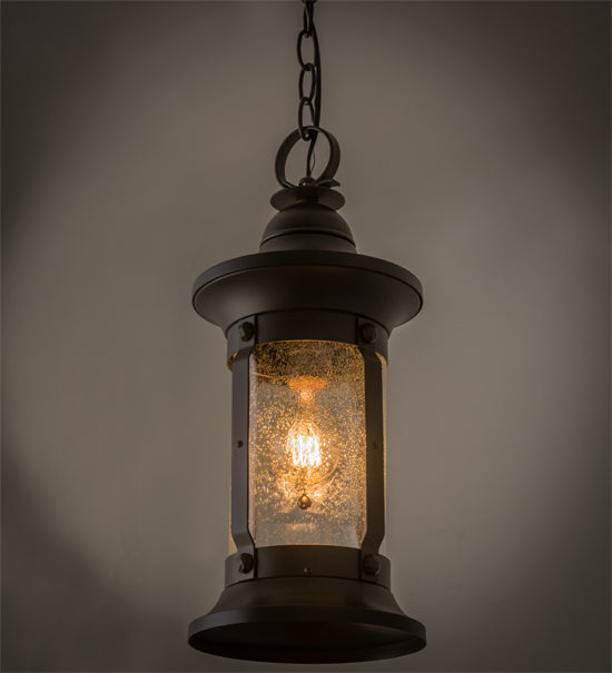 Meyda Lighting Camp Uncas 8" Black Wrought Iron Lantern Pendant Light With Clear Seeded Shade Glass