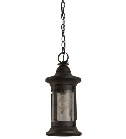 Meyda Lighting Camp Uncas 8" Black Wrought Iron Lantern Pendant Light With Clear Seeded Shade Glass