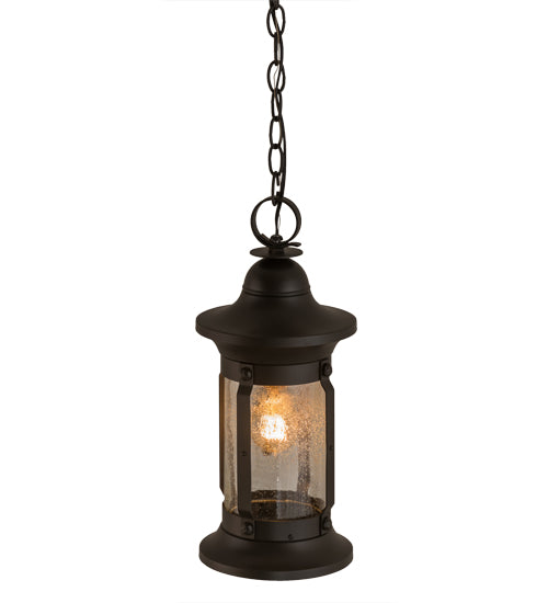 Meyda Lighting Camp Uncas 8" Black Wrought Iron Lantern Pendant Light With Clear Seeded Shade Glass